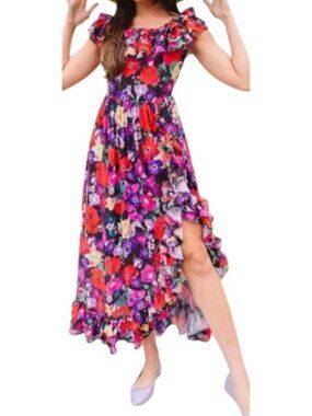 Ivy City Co. Womens Floral Ruffle Maxi Dress Medium Black Multicolor Polyester